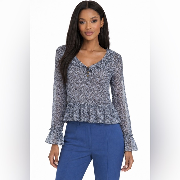 MICHAEL Michael Kors 100% Silk Blue Floral Ruffle Top - Picture 1 of 3